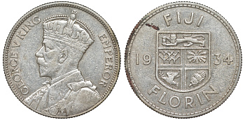 Фиджи 1 флорин 1934 Георг V (1910-1936), герб Фиджи KM 5 серебро 91-1241