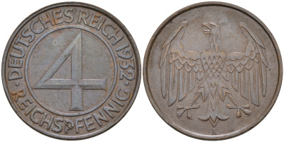 Германия 4 рейхспфеннига 1932 А KM 75, J.315 бронза 4592-1246
