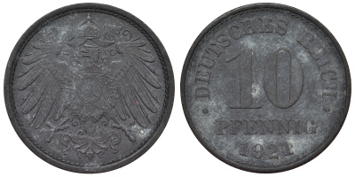 Германия 10 пфеннигов 1921 KM 26, J. 299, Weege 8 цинк 4119-352