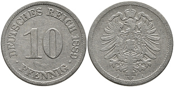 ГЕРМАНИЯ 10 ПФЕННИГОВ 1889 А, СТАРОГЕРБОВКА KM 4, J.4 медно-никель 96-627