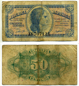 Испания 50 сентимо 1937 Liberty Pick 93 бумага 8613-59-2-2