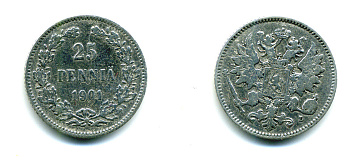РОССИЯ ДЛЯ ФИНЛЯНДИИ 25 ПЕННИ 1901 L, НИКОЛАЙ II KM 6.2, Биткин 412 серебро 4383-119