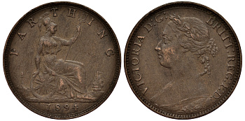 Великобритания 1 фартинг 1894 Виктория (1837-1901) KM 753, Spink 3958 бронза 1525-243