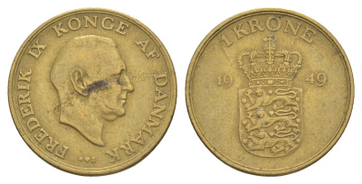 Дания 1 крона 1949 N, Фредерик IX (1947-1972) KM 837 алюминиевая бронза 4638-724