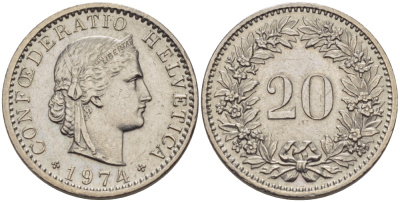 Швейцария 20 раппенов 1974 KM 29а медно-никель 67-714