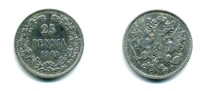 РОССИЯ ДЛЯ ФИНЛЯНДИИ 25 ПЕННИ 1901 L, НИКОЛАЙ II KM 6.2, Биткин 412 серебро 4383-119