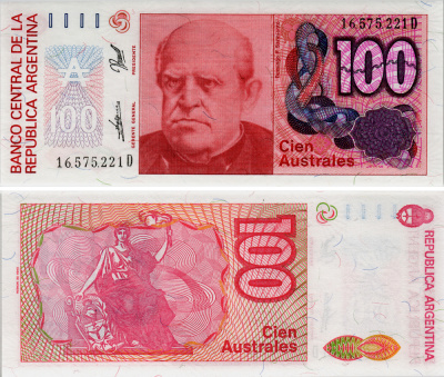АРГЕНТИНА 100 АУСТРАЛЕЙ 1990 СЕРИЯ D 16575, Фаустино Сармьенто, Аргентинский военный деятель, масон Pick 327c бумага UNC (ПРЕСС) 6293-16-3-2