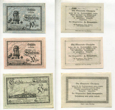 Австрия набор из 3 банкнот 1920 25 июня 1920, нотгельд, 10, 20, 50 геллеров, STROHEIM   бумага  XF 7555-1-2-2