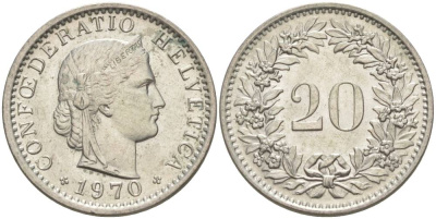Швейцария 20 раппенов 1970 KM 29a медно-никель 55-932