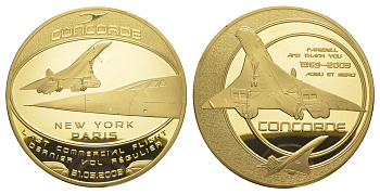 Франция медаль "Последний полет Конкорда из Нью-Йорка в Париж 31.05.2003" 2003 имеется сертификат подлинности, диаметр 70 мм, вес 118 гр позолоченная PROOF 3-5-3-17