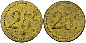 Франция 25†сантимов XIX-XX век ресторанный жетон латунь 4166-1055