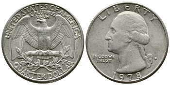 США 25 центов (квотер) 1978 D, Вашингтон KM А164а медь плакированная медно-никелем 57-941