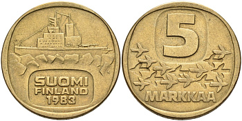 ФИНЛЯНДИЯ 5 МАРОК 1983 K, ЛЕДОКОЛ "URHO" KM 57 алюминиевая бронза 217-822