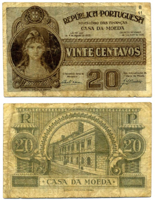 Португалия 20 сентаво   1922/1925 CASA DE MOEDA, Ватерлоо, Лондон, серия B11 Pick 102  бумага  VF 6280-69-3-2