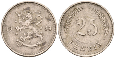 ФИНЛЯНДИЯ 25 ПЕННИ 1938 S KM 25 медно-никель 192-1159