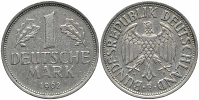 ФРГ 1 МАРКА 1962 F KM 110, J. 385 медно-никель 113-214