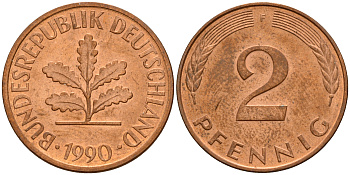 ФРГ 2 пфеннига 1990 F J.381a, KM 106a сталь плакированная медью    4598-925