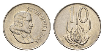 ЮАР 10 центов 1965 Ян ван Рибек (1619-1677), South Africa, легенда на африкаанс, цветок алоэ KM 68.1 никель 4627-216