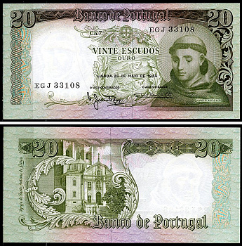 Португалия 20 эскудо 1964 Антоний Падуанский, Manuel Jacinto Nunes и Antonio Osorio Pereira de Castro Pick 167 b (3)  бумага  UNC (пресс) 6294-72-2-2