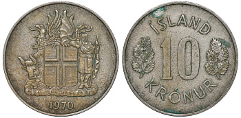Исландия 10 крон 1970 KM 15 медно-никель 4607-123