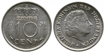 НИДЕРЛАНДЫ 10 ЦЕНТОВ 1958 ЮЛИАНА KM 182 никель 261-621