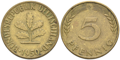 ФРГ 5 пфеннигов 1950 D KM 107 сталь плакированная латунью 4567-347