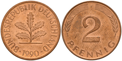 ФРГ 2 пфеннига 1990 F J.381a, KM 106a сталь плакированная медью    4598-925