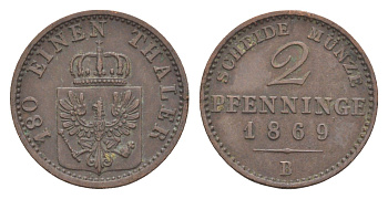 Пруссия 2 пфеннига 1869 B, Вильгельм I (1861-1888) KM 481, Jaeger 51, AKS 107, Olding 425 медь 4651-265