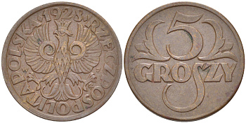 ПОЛЬША 5 ГРОШЕЙ 1928 w KM 10а, Parchimowicz 103c бронза 216-937