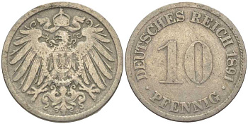 ГЕРМАНИЯ 10 ПФЕННИГОВ 1891 D KM 12, J. 13 медно-никель 4401-924