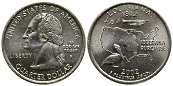 США 25 центов = квотер 2002 Р, серия штаты США, Луизиана KM 333 медь плакированная медно-никелем UNC 80-326