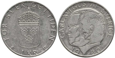 Швеция 1 крона 1980 U, Карл XVI Густав (1973- ) КМ 852 медь плакированная медно-никелем 202-515