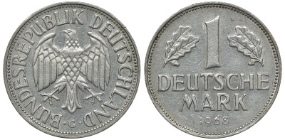 ФРГ 1 МАРКА 1968 G J 385, KM 110 медно-никель aUNC 72-755