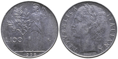 Италия 100 лир 1968  R, Афина в доспехах KM 96.1 нержавеющая сталь 259-656