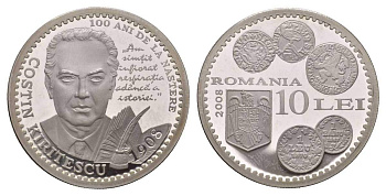 Румыния 10 леев 2008 100 лет со дня рождения Костину Киритеску, тираж 500 экземпляров KM 244 серебро PROOF 11-161-13