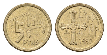 Испания 5 песет 1995 Хуан Карлос I (1975-2014), Астурия (ASTURIAS), крест KM 946 алюминиевая бронза 188-1137
