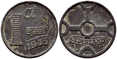 НИДЕРЛАНДЫ 1 ЦЕНТ 1943 ВИЛЬГЕЛЬМИНА (1890-1948) KM 170 цинк 46-527