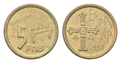 Испания 5 песет 1995 Хуан Карлос I (1975-2014), Астурия (ASTURIAS), крест KM 946 алюминиевая бронза 188-1137