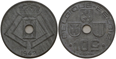 Бельгия 10 сантимов 1942 Belgique - Belgie, Леопольд III (1934-1947), германская оккупация, Вторая мировая война KM 125 цинк 4161-317