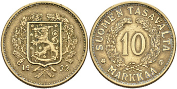 Финляндия 10 марок 1932 S KM 63 алюминиевая бронза 4111-521