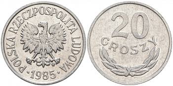 ПОЛЬША 20 ГРОШЕЙ 1985 MW KM А47 алюминий 4516-551
