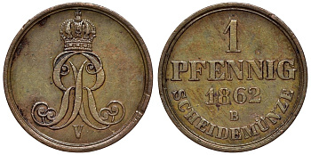Ганновер 1 пфенниг 1862 B, Георг V KM 233, AKS 156, J. 90 медь 4594-523