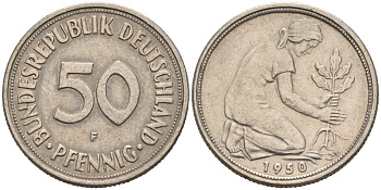 ФРГ 50 пфеннигов 1950 F KM 109, J. 384 медно-никель 92-326