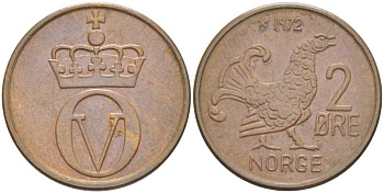 Норвегия 2 эре 1972 глухарь, Улаф V (1958-1991) KM 410  бронза 213-712
