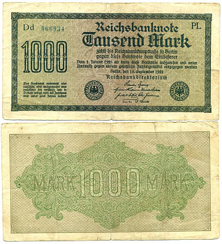 ГЕРМАНИЯ 1000 МАРОК 1922 15 СЕНТЯБРЯ 1922, ВОДЯНОЙ ЗНАК G, БЕЛАЯ БУМАГА Pick 76e бумага 7548-5-2-1