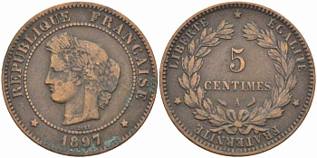 ФРАНЦИЯ 5 САНТИМОВ 1897 А, ТРЕТЬЯ РЕСПУБЛИКА (1871-1940) KM 821.1, LE FRANC 118.41 бронза 108-655