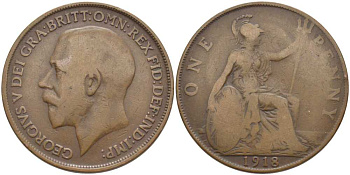 Великобритания 1 пенни 1918 Георг V (1910-1936) KM 810, Spink 4051 бронза 115-126