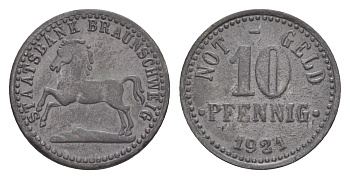Брауншвейг 10 пфеннигов 1921 Funck 56.9, Men05 3477.3, Men18 4416.3 цинк 4636-948