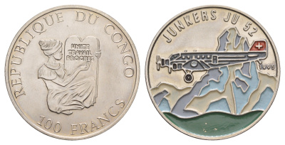Конго 100 франков 1995 Junkers Ju 52 KM 21 медно-никель UNC 4653-536