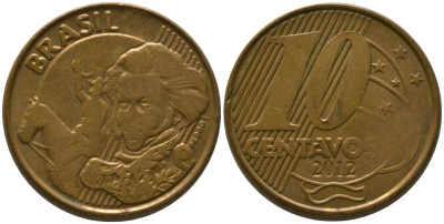 Бразилия 10 сентаво 2012 KM 649, Schon 157 сталь плакированная бронзой 4523-922